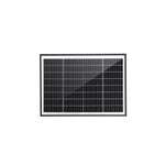Front view of a 20W solar panel with black anodised aluminium frame and tempered glass
