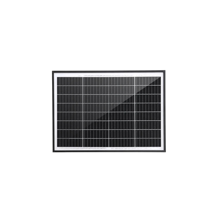Front view of a 20W solar panel with black anodised aluminium frame and tempered glass