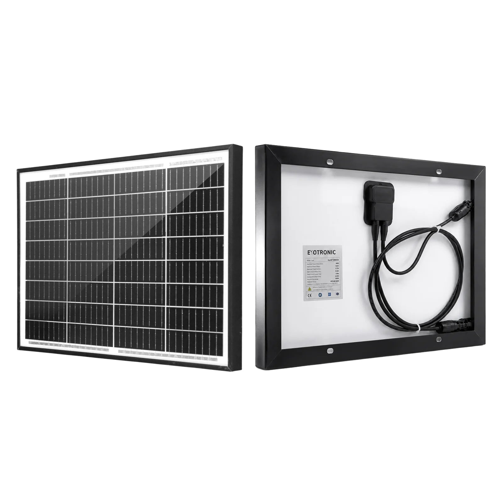 Side-by-side front and back views of the Exotronic 20W fusion solar panel