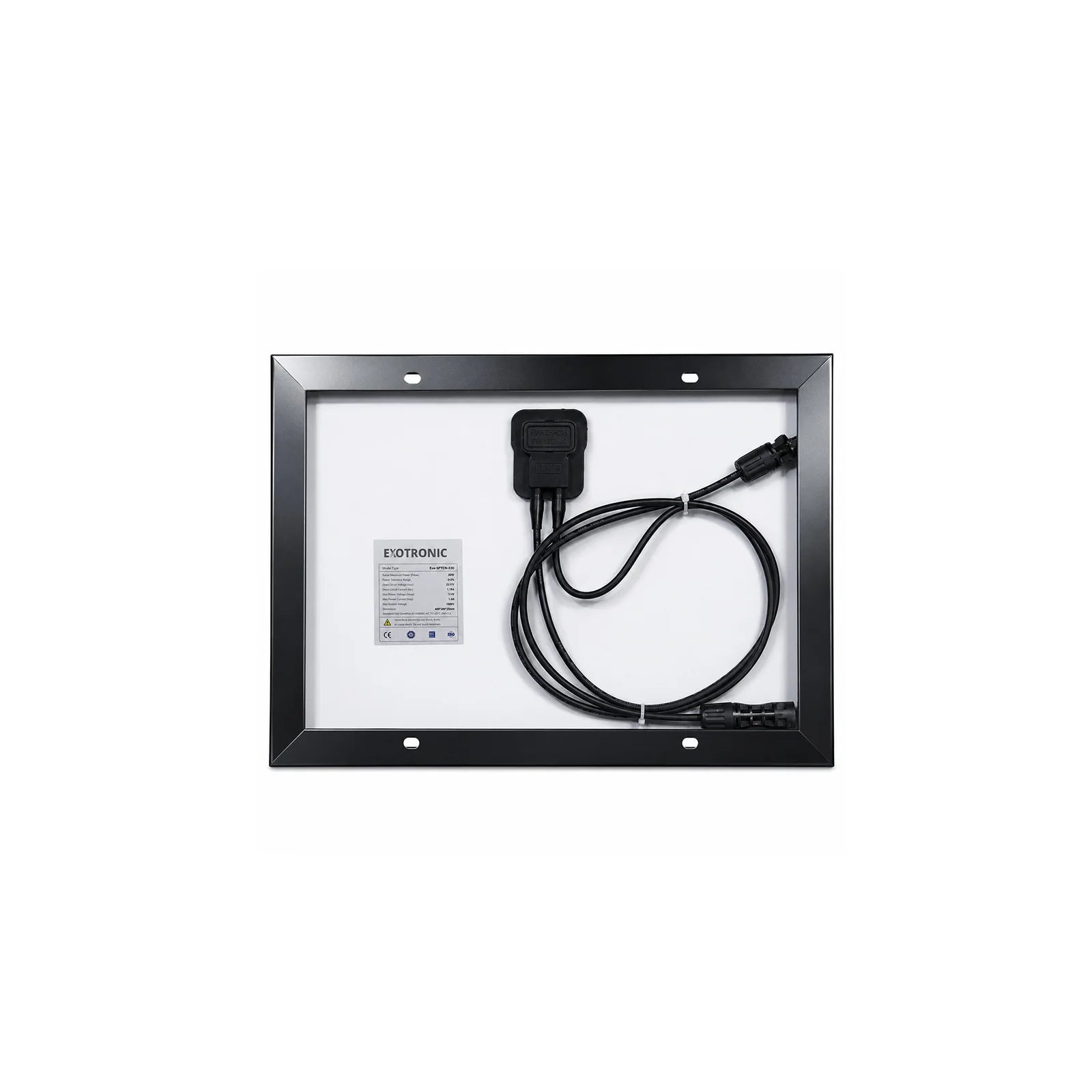 Rear view of 20W solar panel showing IP68 junction box and MC4 compatible connectors