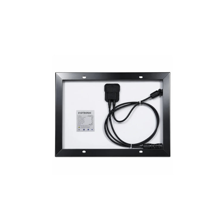 Rear view of 20W solar panel showing IP68 junction box and MC4 compatible connectors
