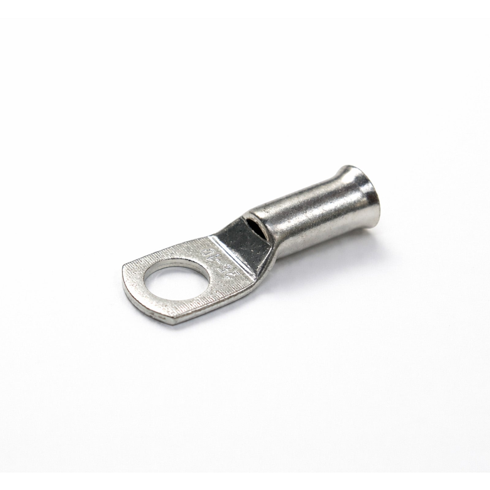 Tin-plated 25mm² copper lug with M10 hole and flared bellmouth entry