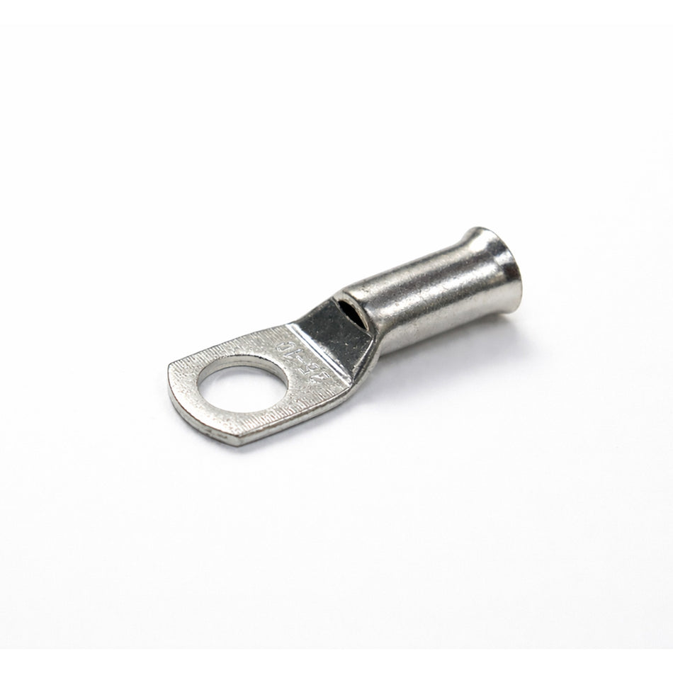 Tin-plated 25mm² copper lug with M10 hole and flared bellmouth entry