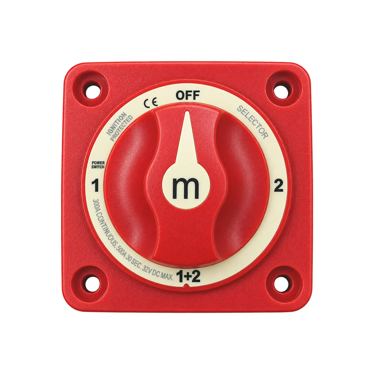 Red 4-position battery selector switch with OFF, 1, 2, and 1+2 settings
