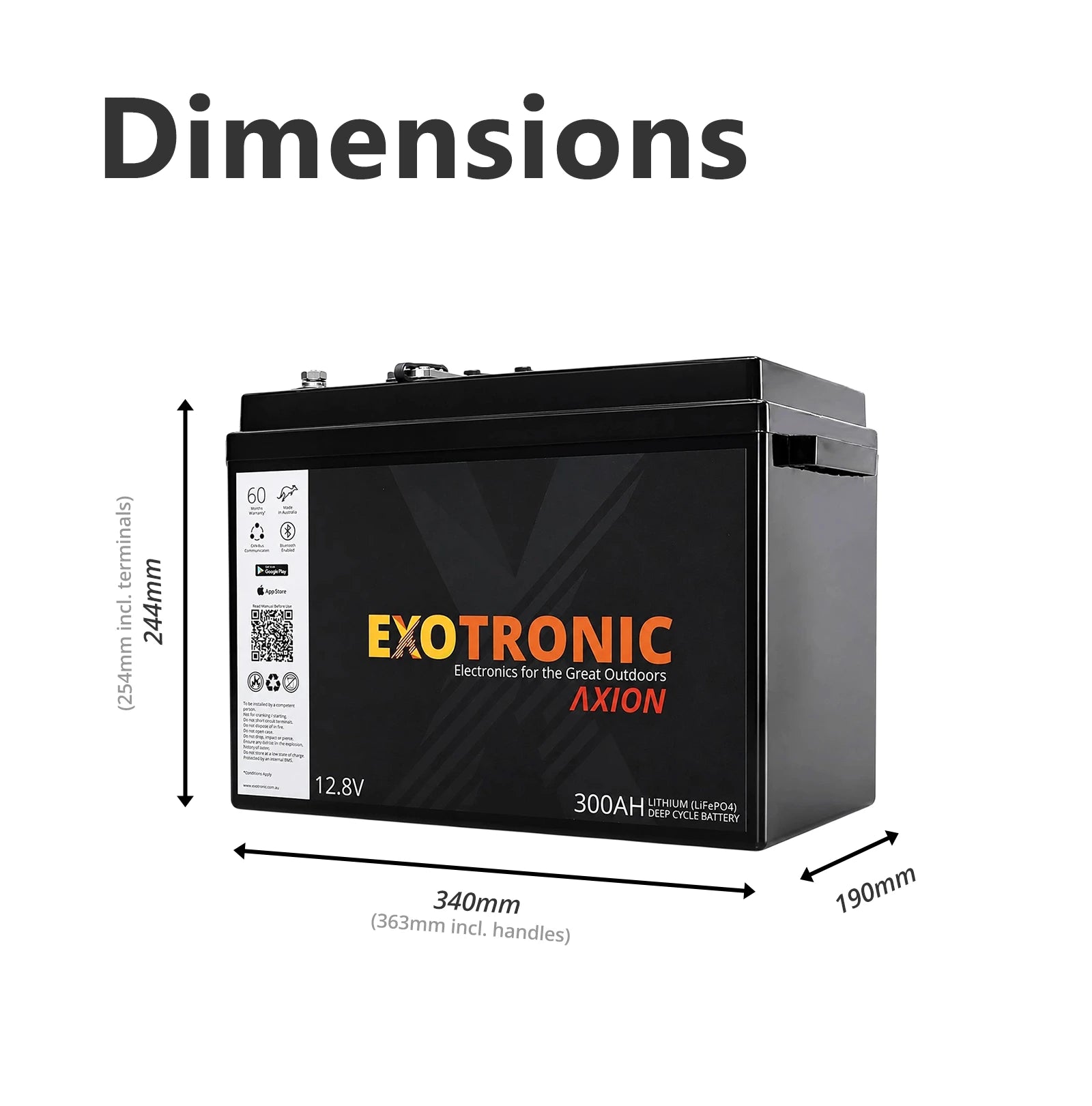 Dimensions diagram of the Exotronic 300Ah lithium battery showing length, width, and height