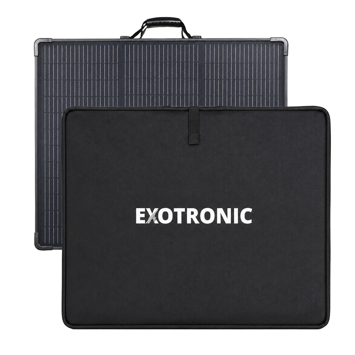 Folded 300W solar panel with protective black carry bag and Exotronic branding