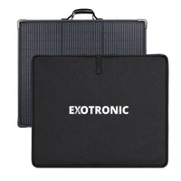 Folded 300W solar panel with protective black carry bag and Exotronic branding