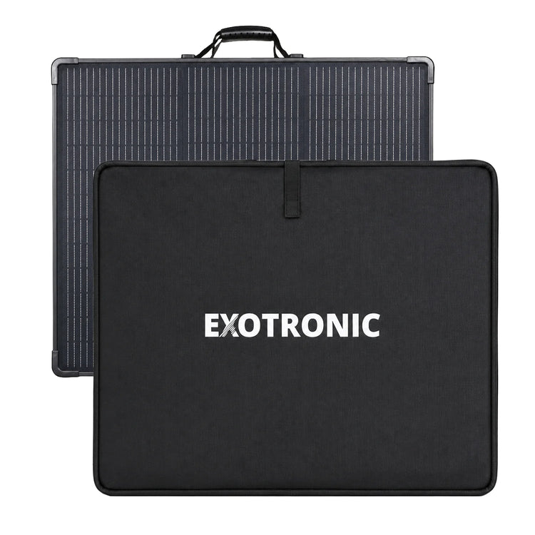Folded 300W solar panel with protective black carry bag and Exotronic branding