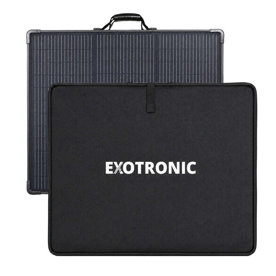 Folded 300W solar panel with protective black carry bag and Exotronic branding