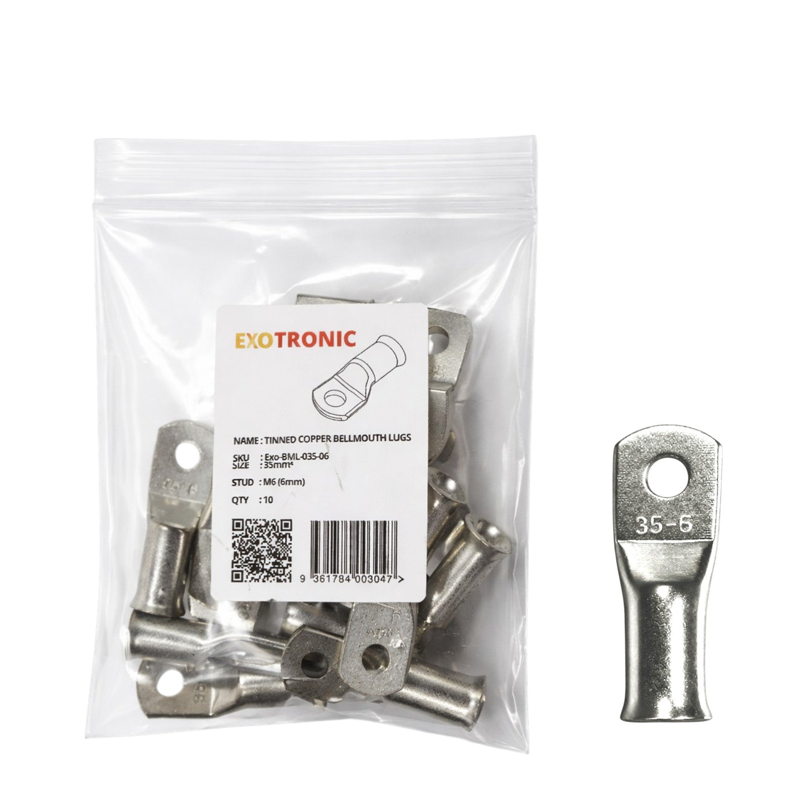 10 pack of tinned copper bellmouth lugs for 35mm2 cable with M6 stud hole