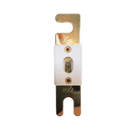 Front view of 400A ANL fuse with gold-plated terminals and white ceramic housing showing inspection window