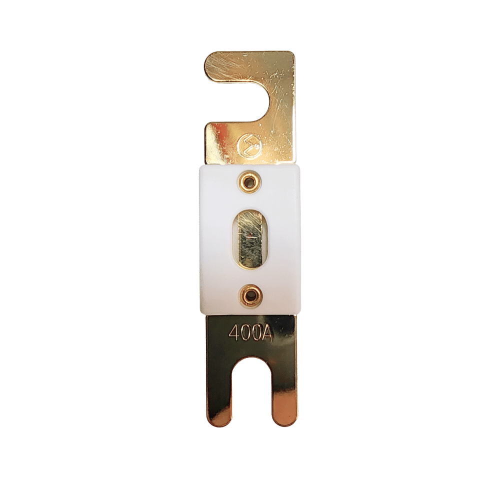 Front view of 400A ANL fuse with gold-plated terminals and white ceramic housing showing inspection window