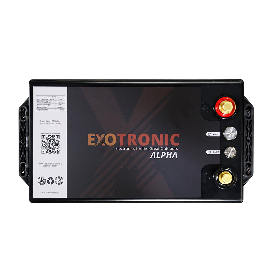 Top-down view of the 400Ah lithium battery showing M8 brass terminals and waterproof control buttons