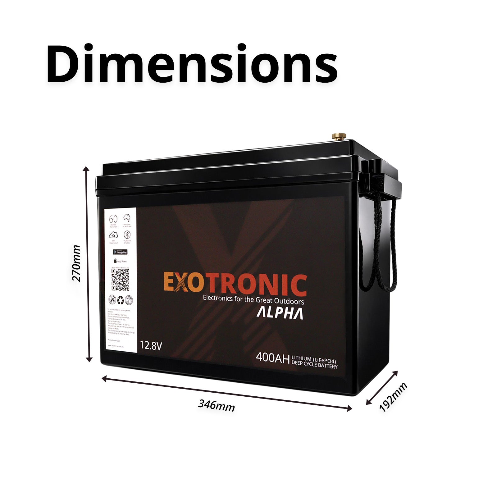 Dimensional drawing showing the 346mm length, 192mm width and 270mm height of the battery