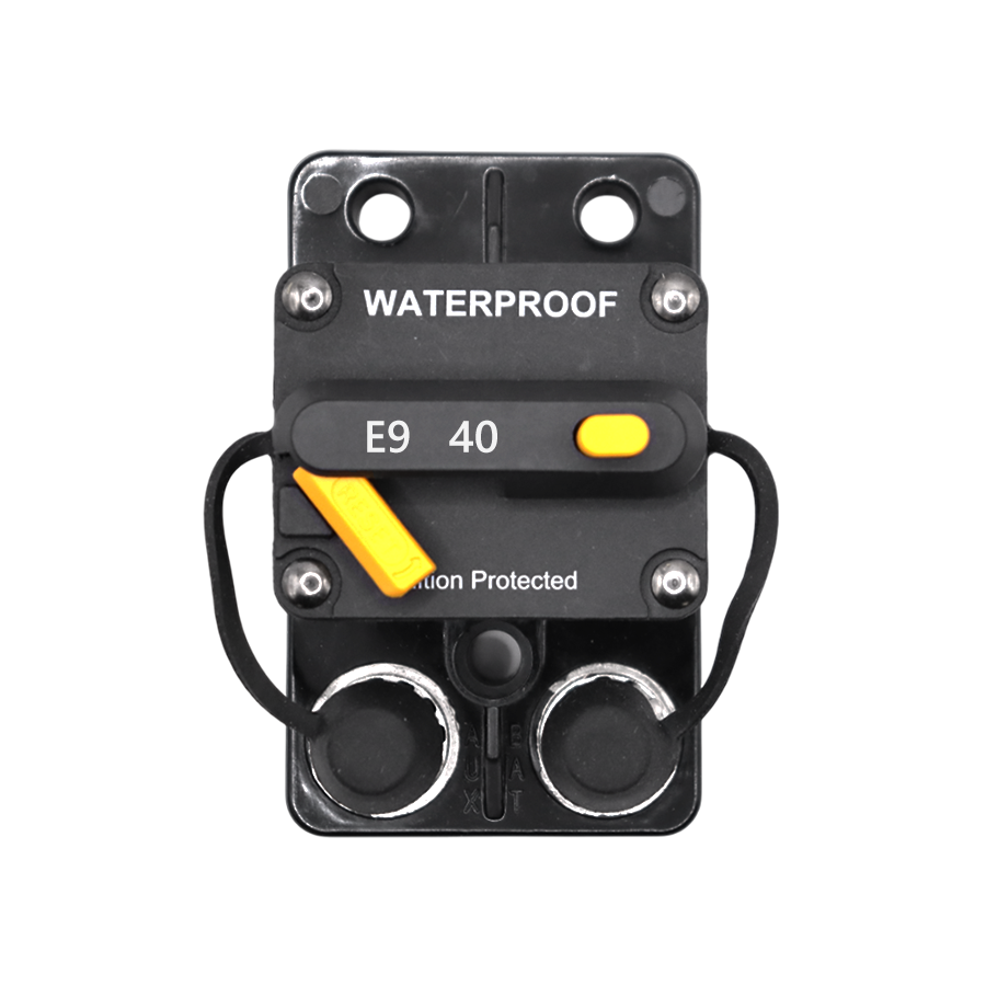 Top view of Exotronic 40A waterproof circuit breaker showing reset lever and rating