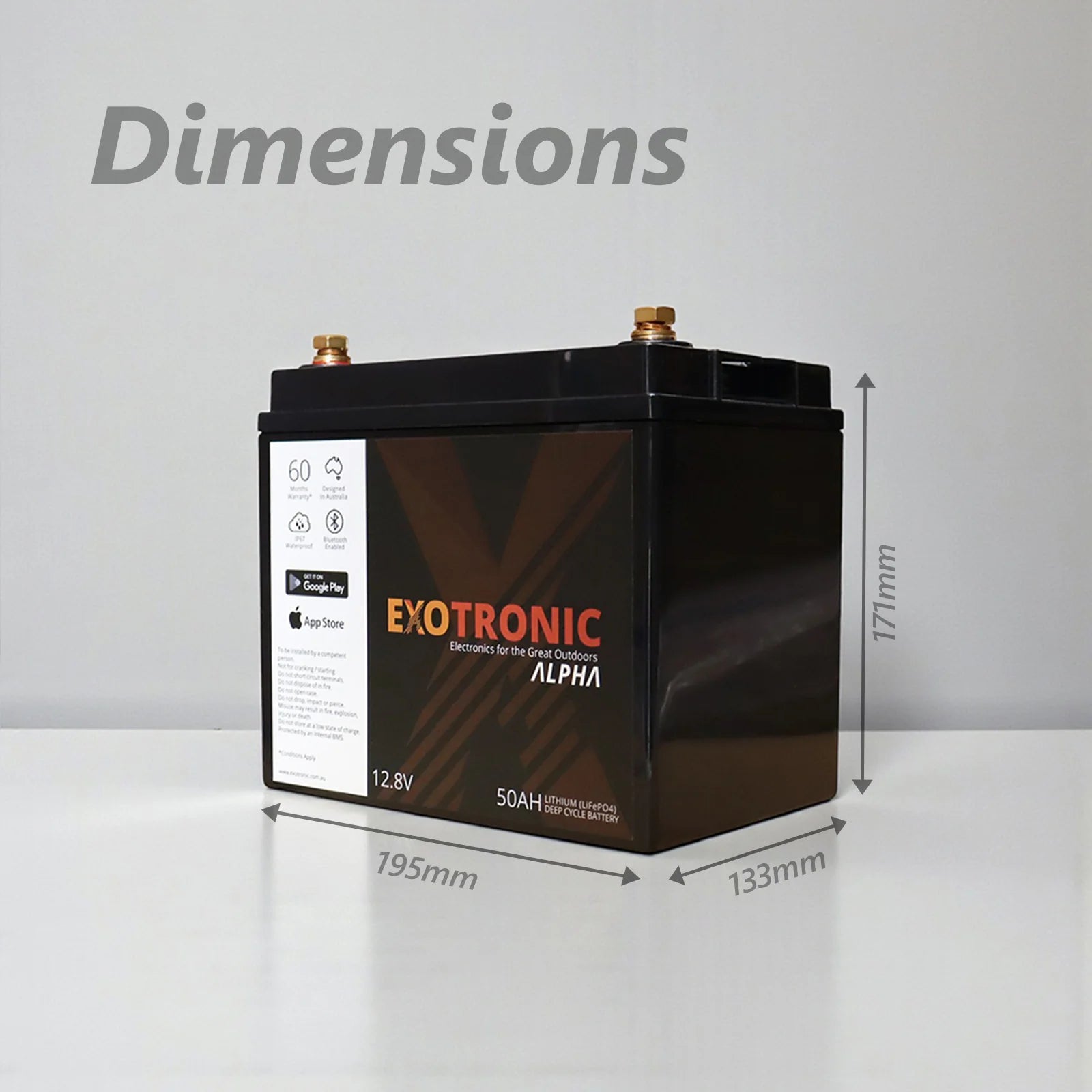 Battery dimensions showing 195mm length, 133mm width and 171mm height