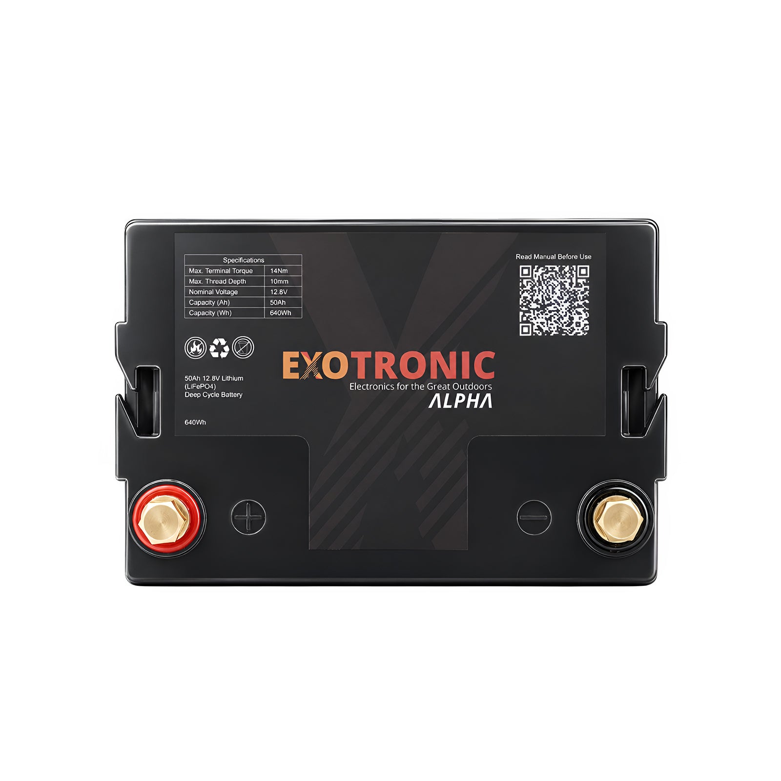 Top-down view of lithium battery detailing terminals and technical specification label