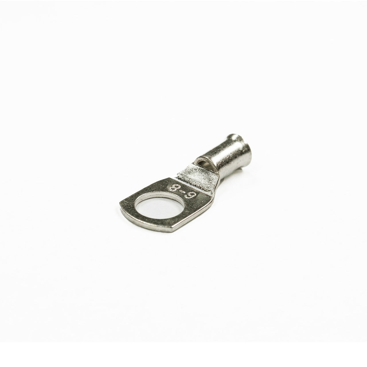 Tin-plated 6mm² copper lug with M8 hole and flared bellmouth entry