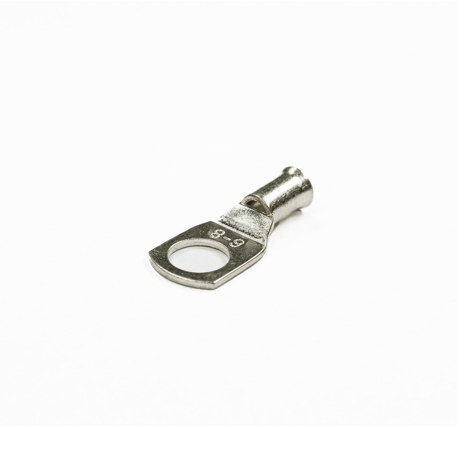 Tin-plated 6mm² copper lug with M8 hole and flared bellmouth entry