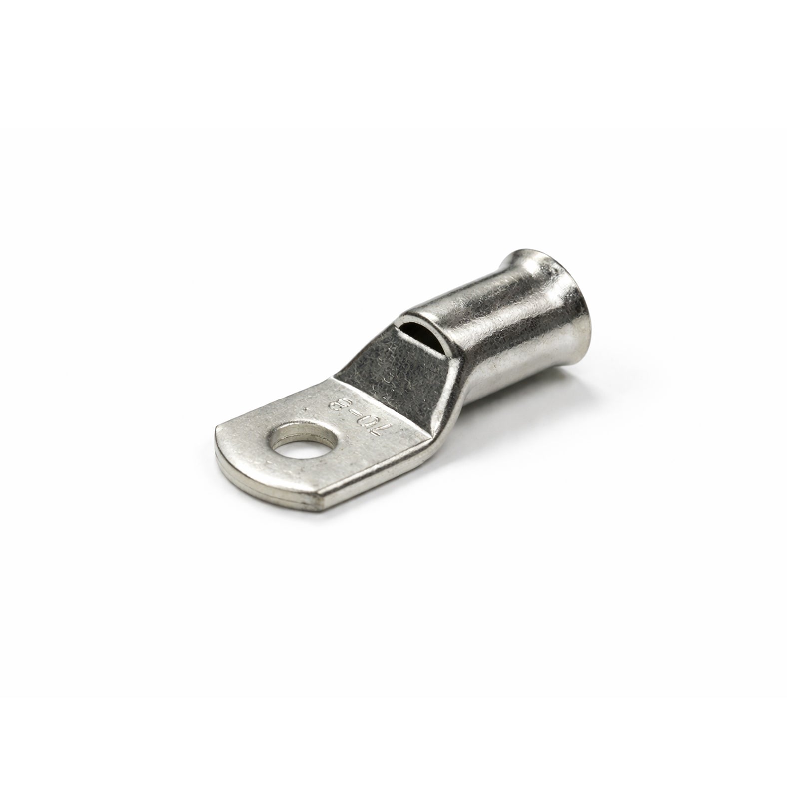 Tin-plated 70mm² copper lug with M8 hole and flared bellmouth entry