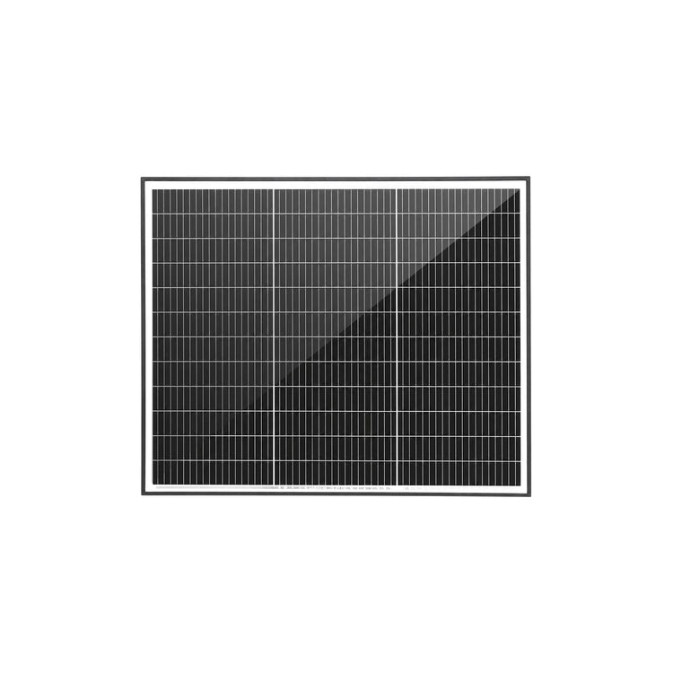 Front view of the Exotronic 75W Fusion fixed solar panel with black anodised aluminium frame