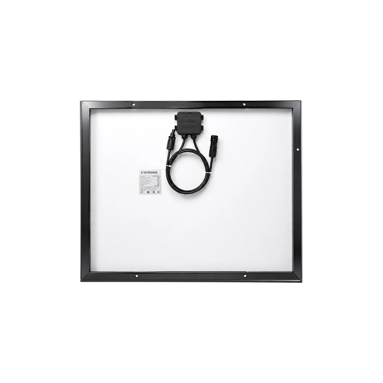 Rear view of 75W solar panel showing IP68 junction box and pre-wired MC4 compatible connectors