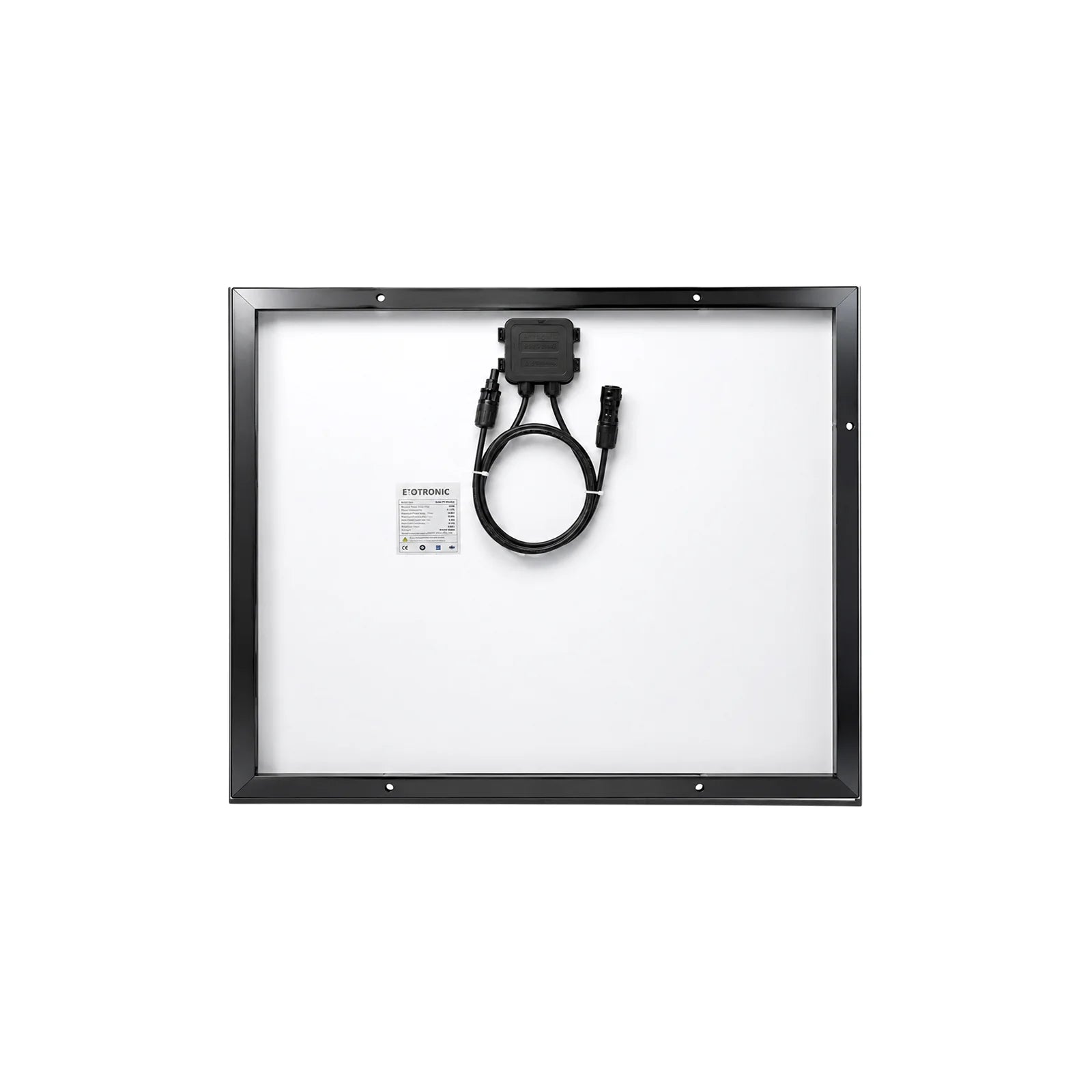 Rear view of 75W solar panel showing IP68 junction box and pre-wired MC4 compatible connectors