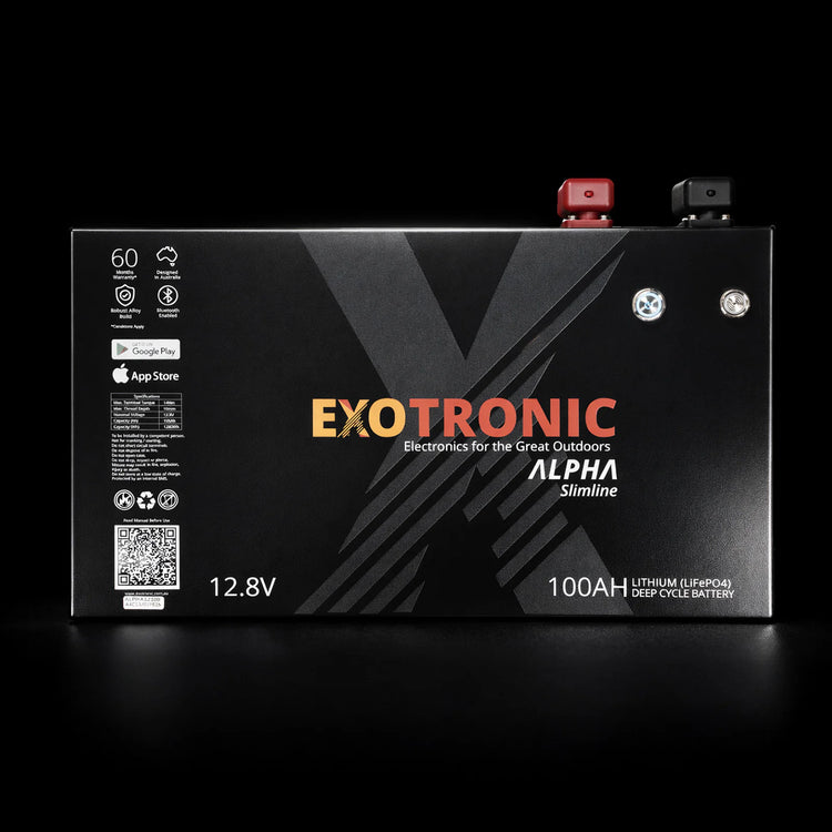 Front view of Exotronic Alpha 100Ah slimline battery with clear labeling and terminals