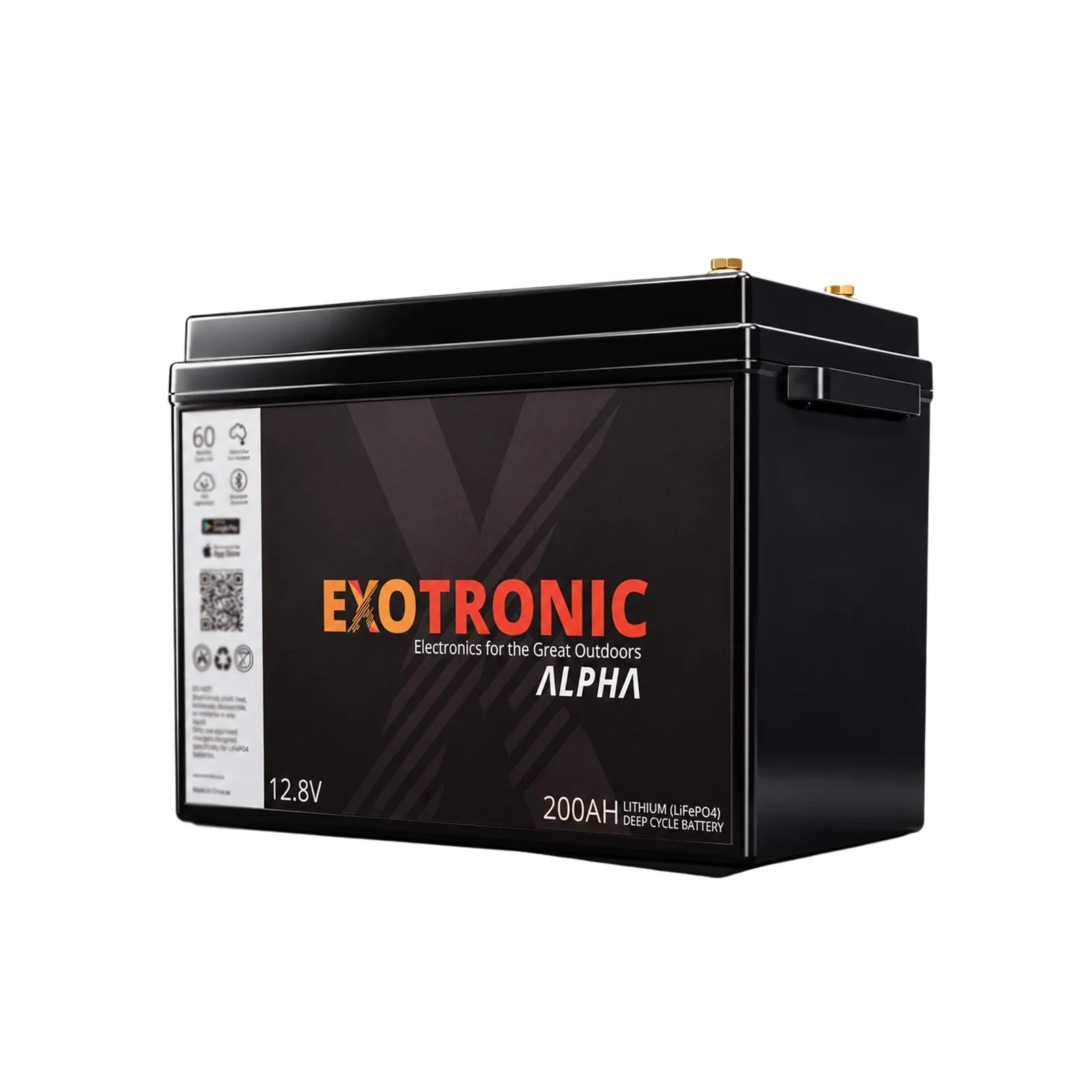 Exotronic Alpha 12V 200Ah lithium battery in black ABS casing with side handles
