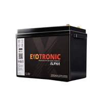 Exotronic Alpha 12V 200Ah lithium battery in black ABS casing with side handles