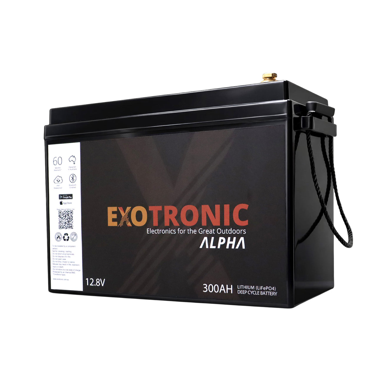 Exotronic 12V 300Ah LiFePO4 battery with integrated rope handles and top-mounted M8 terminals