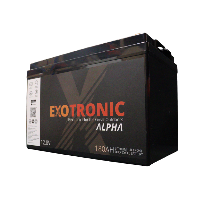 Exotronic Alpha 12V 180Ah lithium deep cycle battery angled view