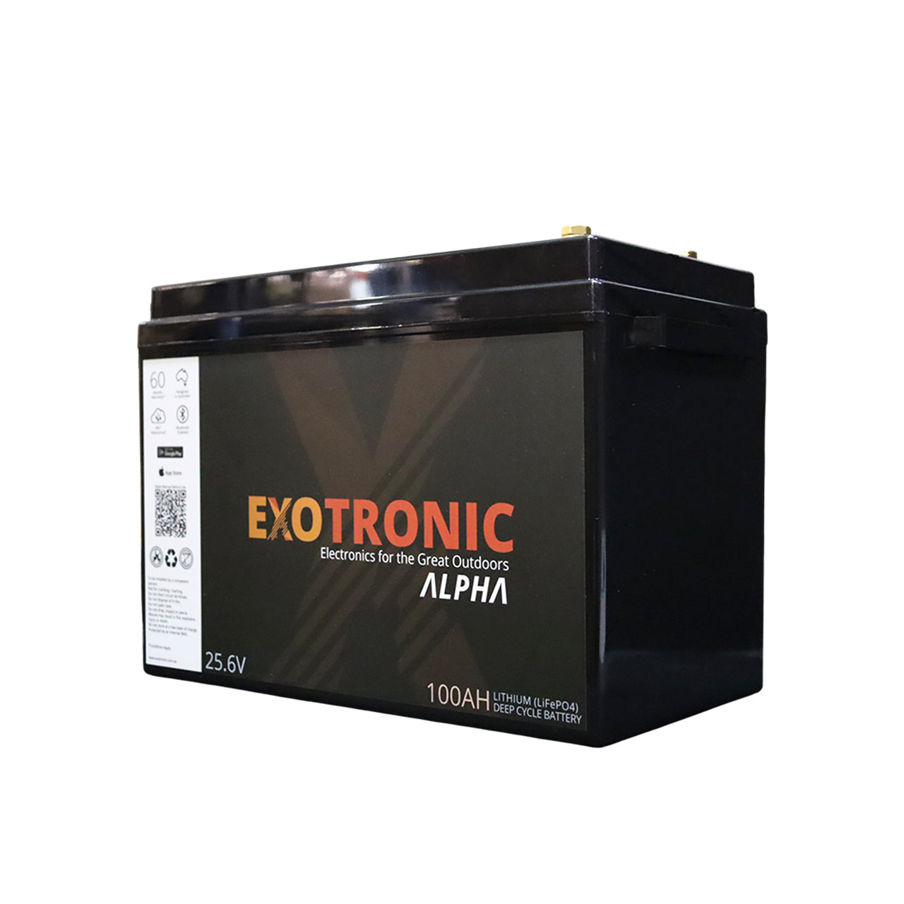 Angled view of black 24V 100Ah lithium battery showing front branding and side specification label