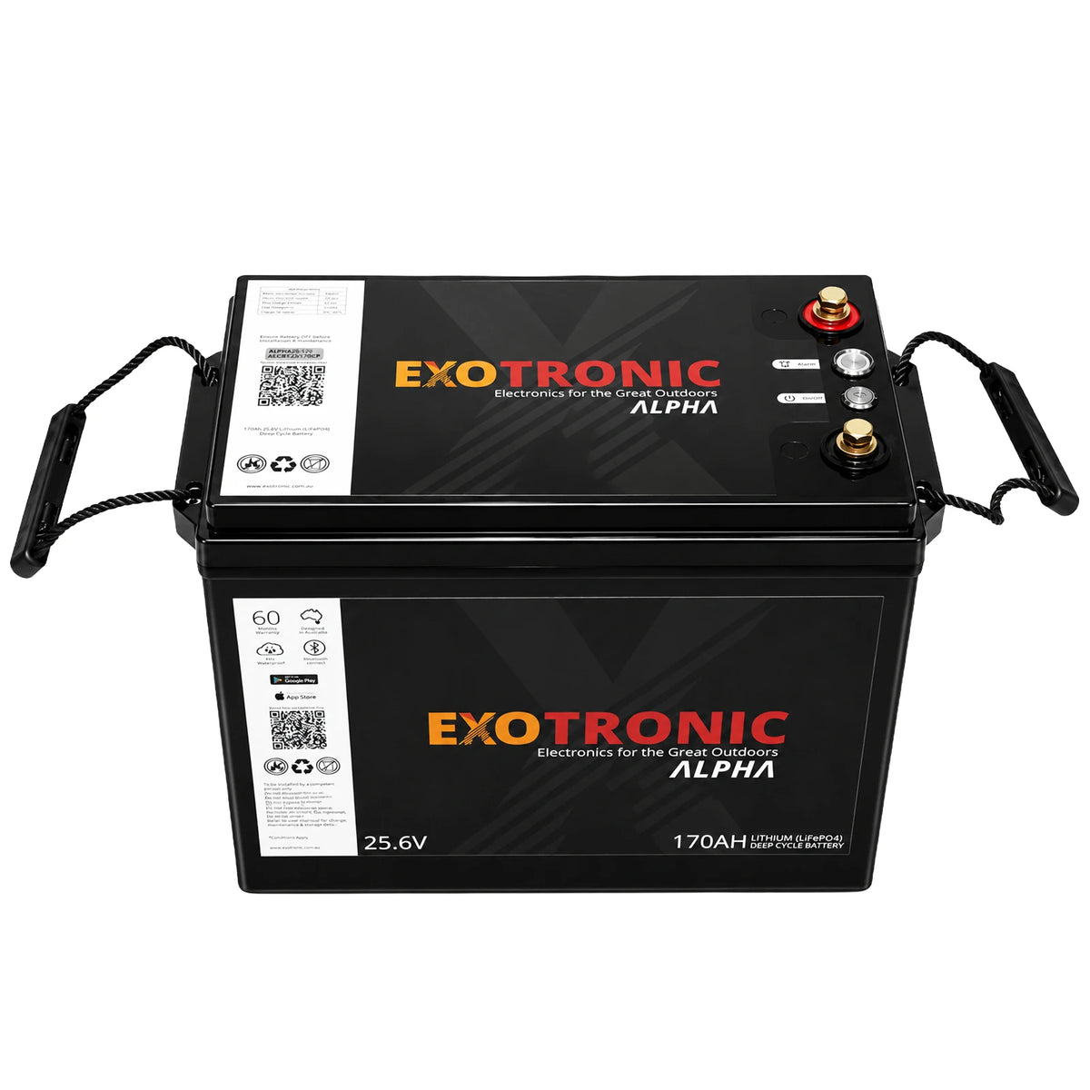 Front view of the 24V 170Ah lithium battery showing top terminals and side rope handles