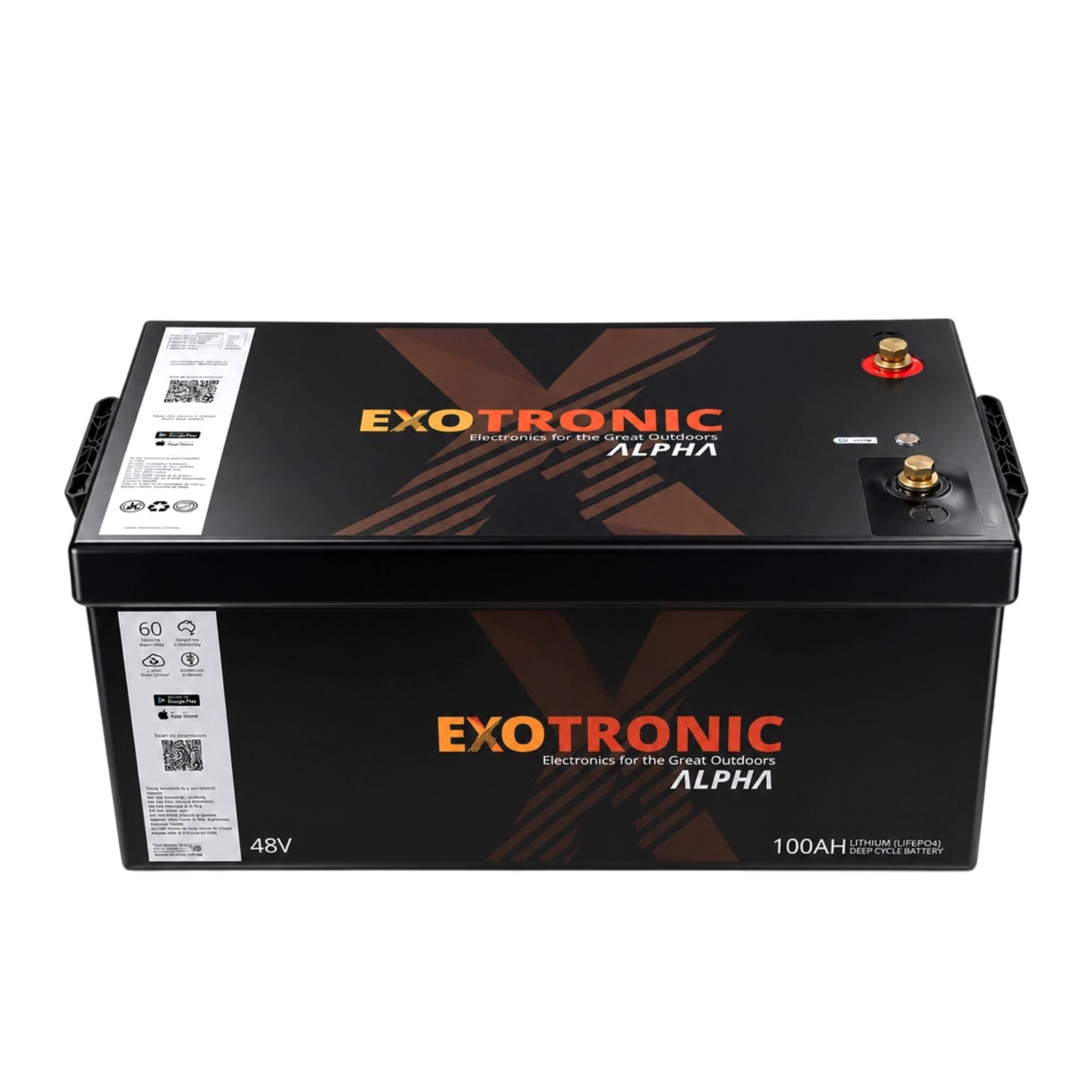 Front view of the Exotronic 48V 100Ah Alpha lithium battery showing main labels