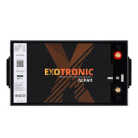 Top-down technical view of 48V 100Ah lithium battery showing M8 terminals and power button