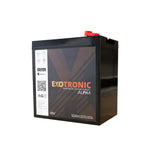 Front view of Exotronic Alpha 48V 50Ah lithium battery showing branding and warranty icons