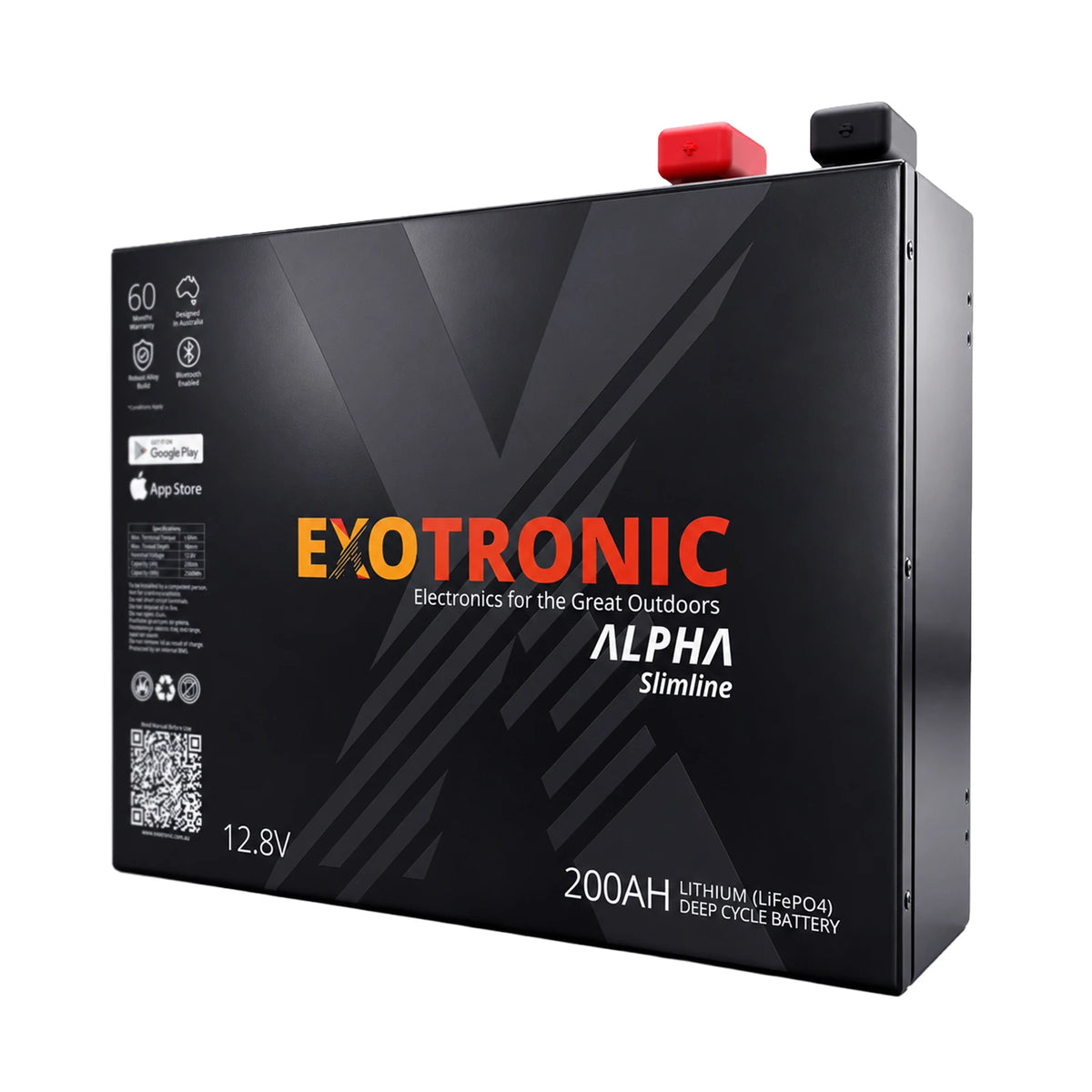 Exotronic Alpha Slimline 12V 200Ah LiFePO4 battery in a black powder-coated metal case