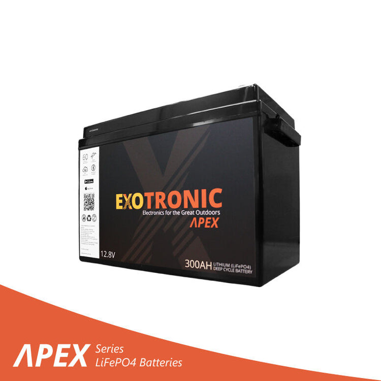 Exotronic Apex 12V 300Ah lithium deep cycle battery with black ABS case and side carry handles
