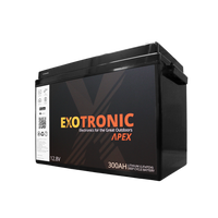 Angled view of Exotronic 12V 300Ah lithium battery isolated on transparent background