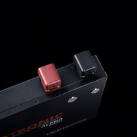 Close-up of red and black M8 terminals on the top of Exotronic slimline battery