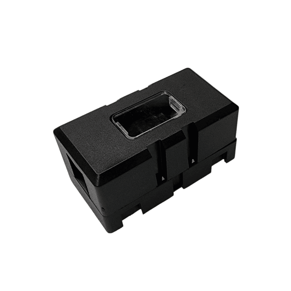 Black modular MIDI fuse holder with transparent cover window and interlocking side clips