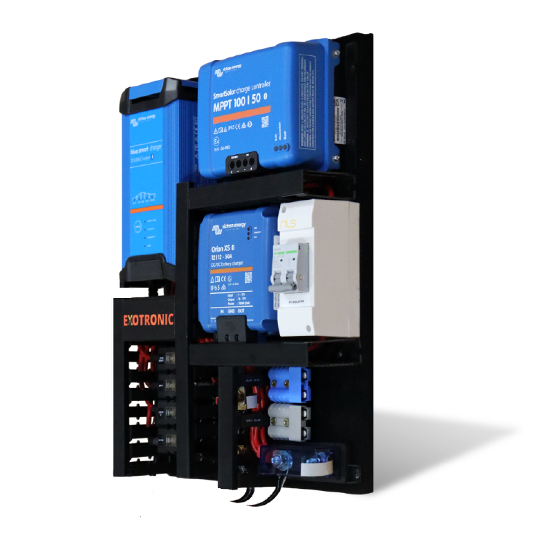 Angled view of Exotronic Noosa 50 Plus pre-wired power board with Victron components