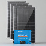Four 200W solar panels arranged behind a Victron SmartSolar MPPT 100/50 charge controller