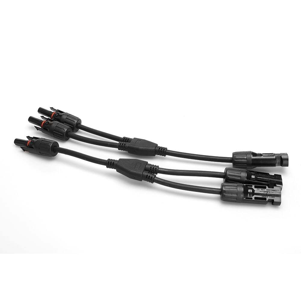 Pair of Exotronic 2-to-1 Y-branch solar connectors with waterproof housing and black cabling