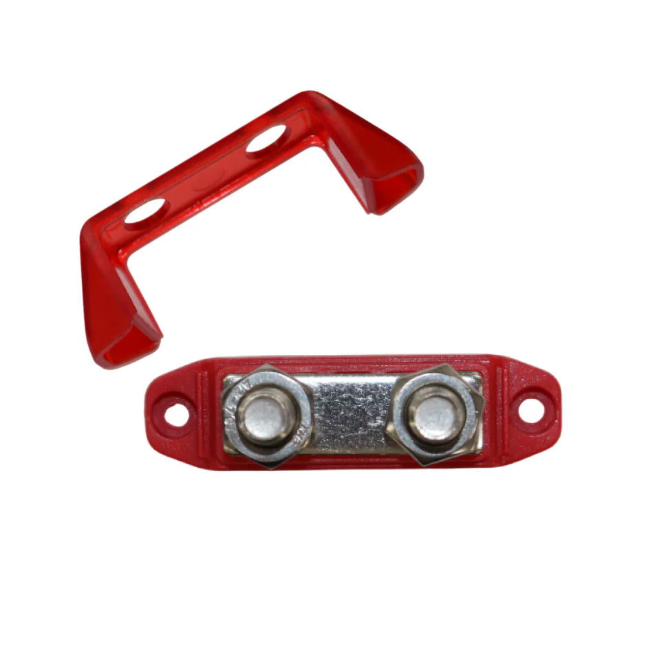 Exploded view showing red cover removed from busbar base and M10 studs