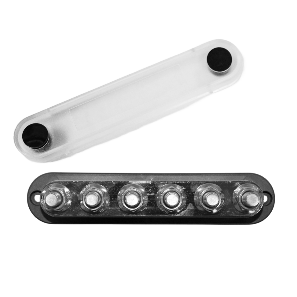 Overhead view of 6-stud busbar with clear cover removed showing nickel-plated terminals