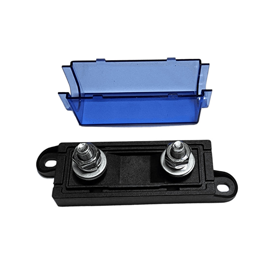 Exploded view of fuse holder showing detached blue cover and black base with dual threaded studs
