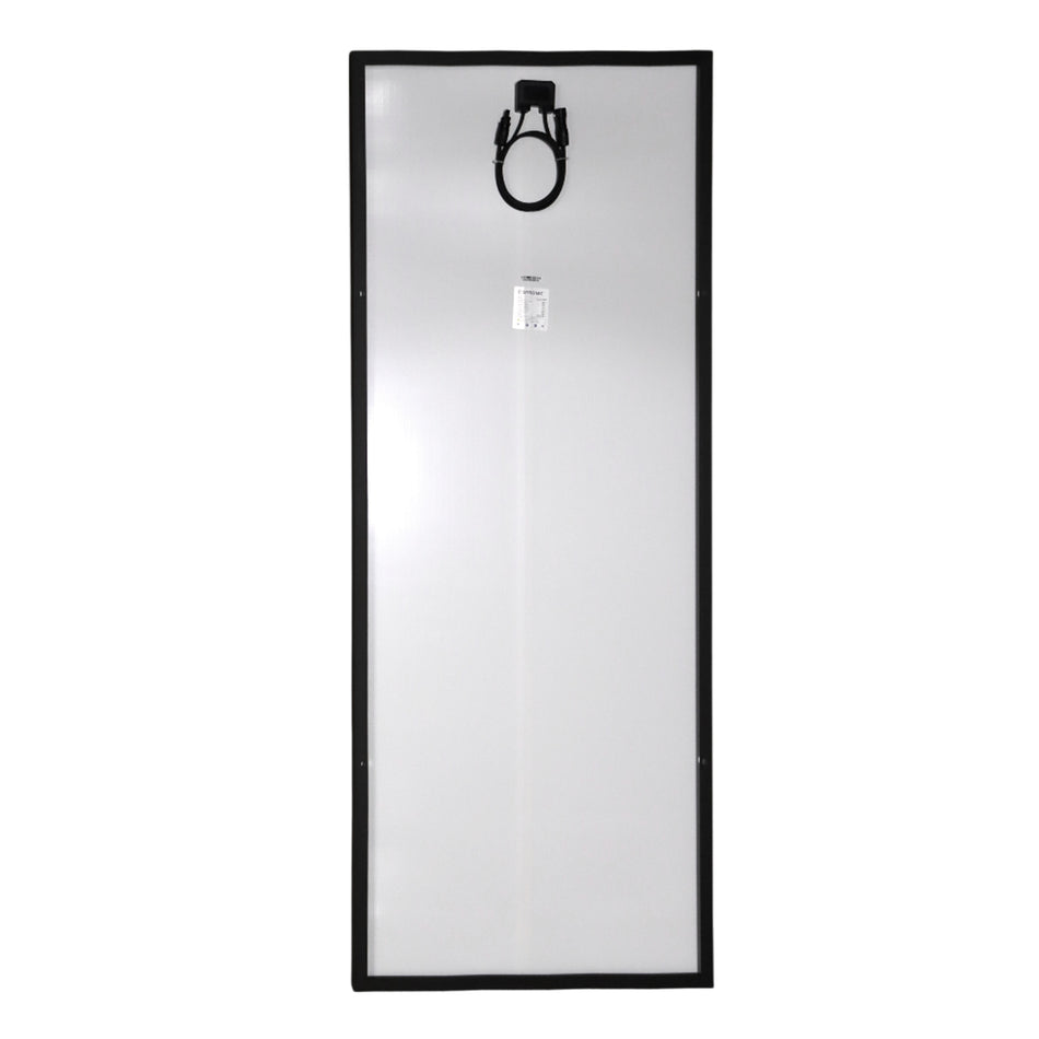 Rear view of solar panel showing white backing sheet, junction box and cables