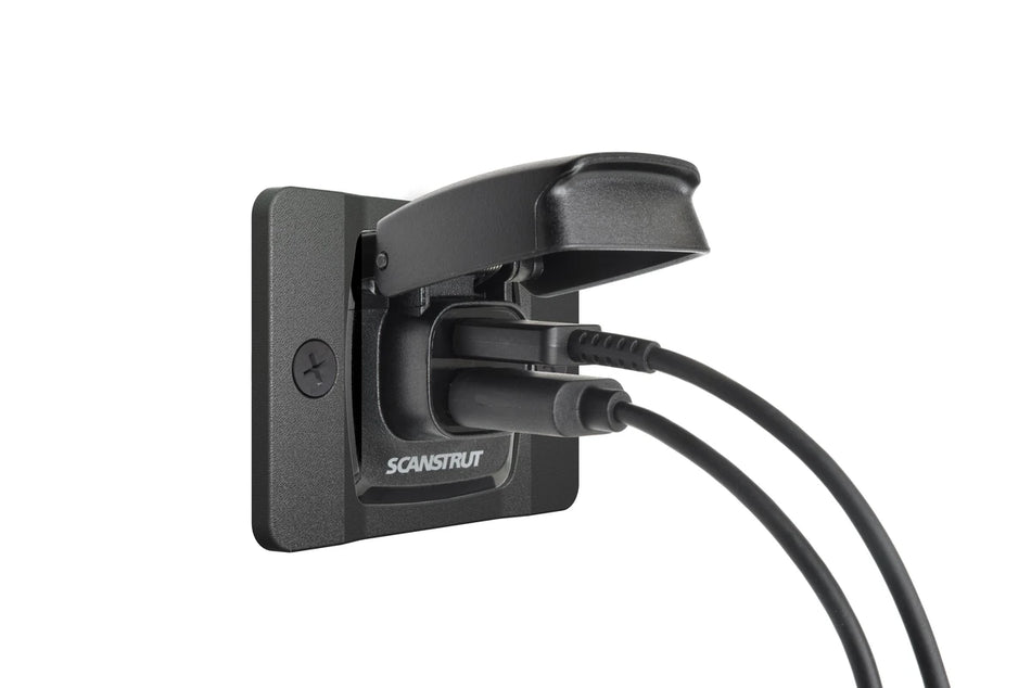 Angle view of Flip Pro dual USB socket with charging cables connected to both ports